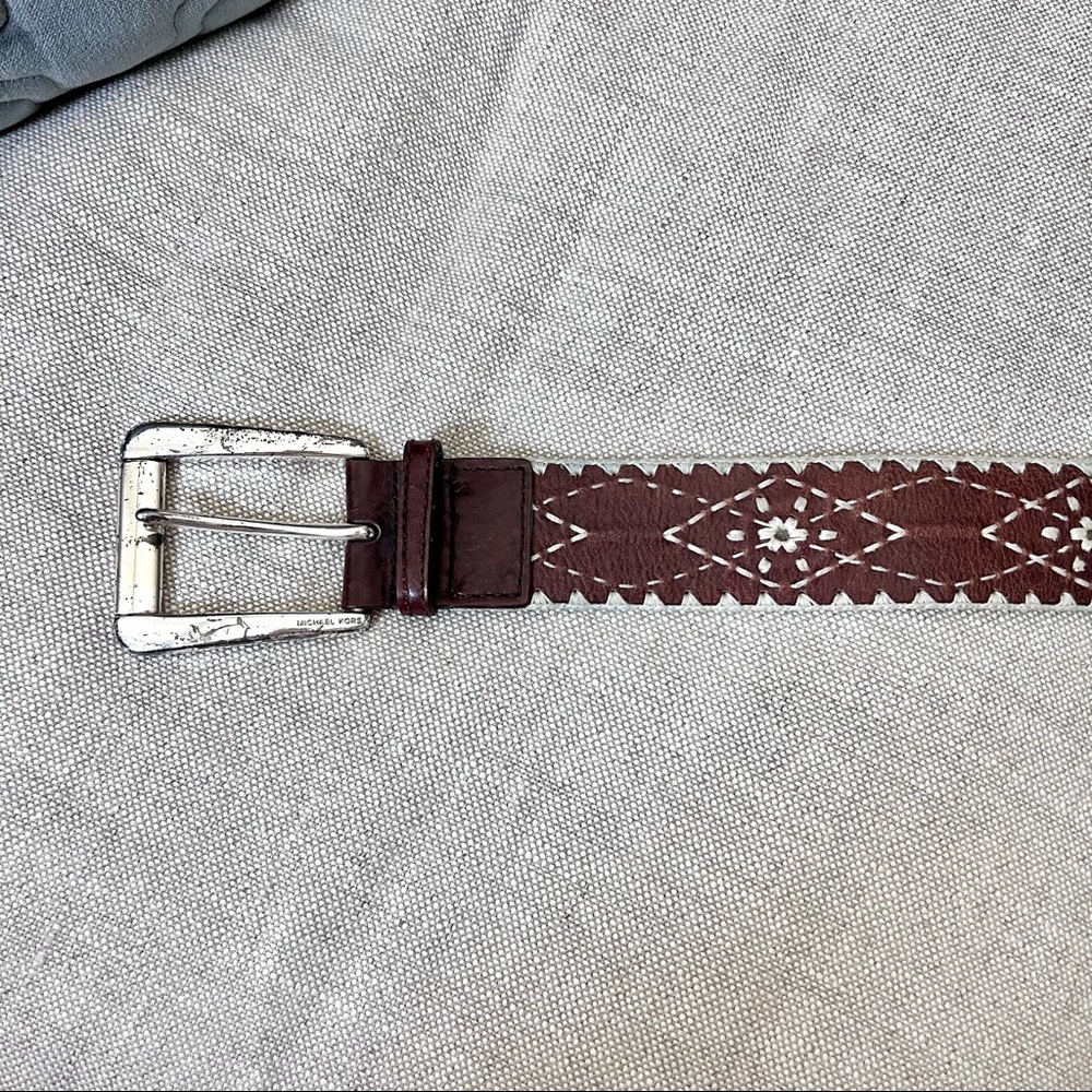 MICHAEL KORS - embroidered brown leather belt with antiqued silver buckle (L)